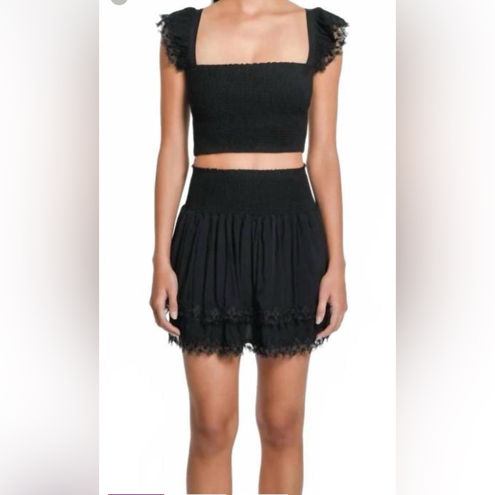 Peixoto Black Smocked Lace-Trim Mini Skirt (M) & Cropped Tank (S) Sold as Set